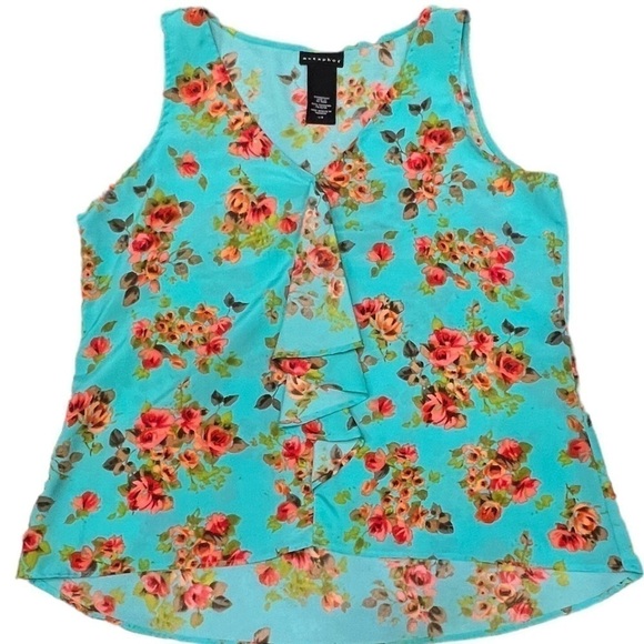 Metaphor Womens Sleeveless Aqua & Coral Floral Blouse with Ruffled Detail, Large - Picture 1 of 12